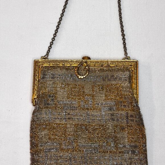 Antique 1900s French Micro-Steel Seed Bead Purse Gold Toned Metal Frame AS IS - Picture 13 of 14